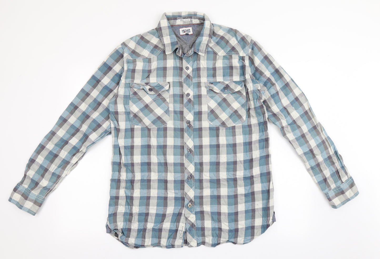 Tommy Hilfiger Mens Blue Check Cotton  Button-Up Size XL Collared Button