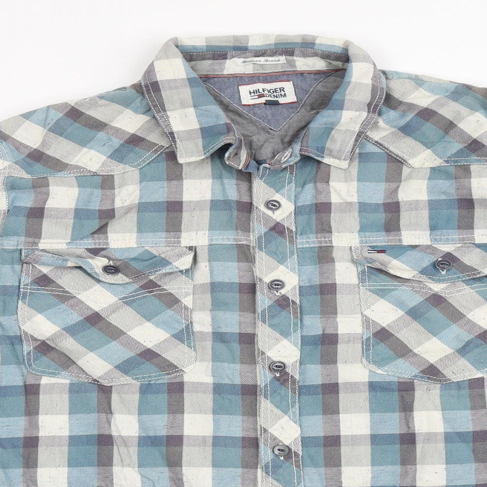 Tommy Hilfiger Mens Blue Check Cotton  Button-Up Size XL Collared Button