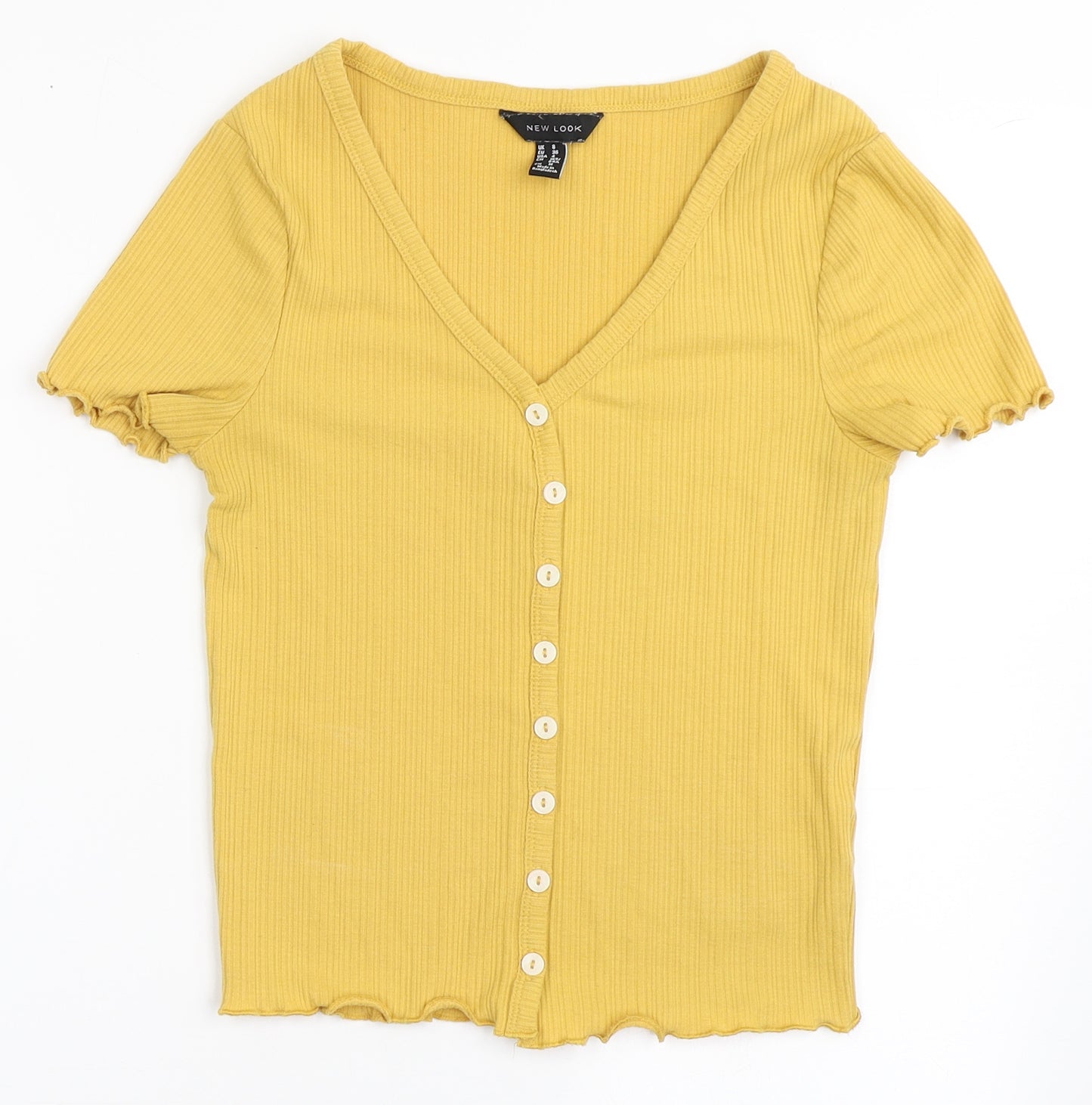New Look Womens Yellow  Polyester Cropped T-Shirt Size 8 V-Neck