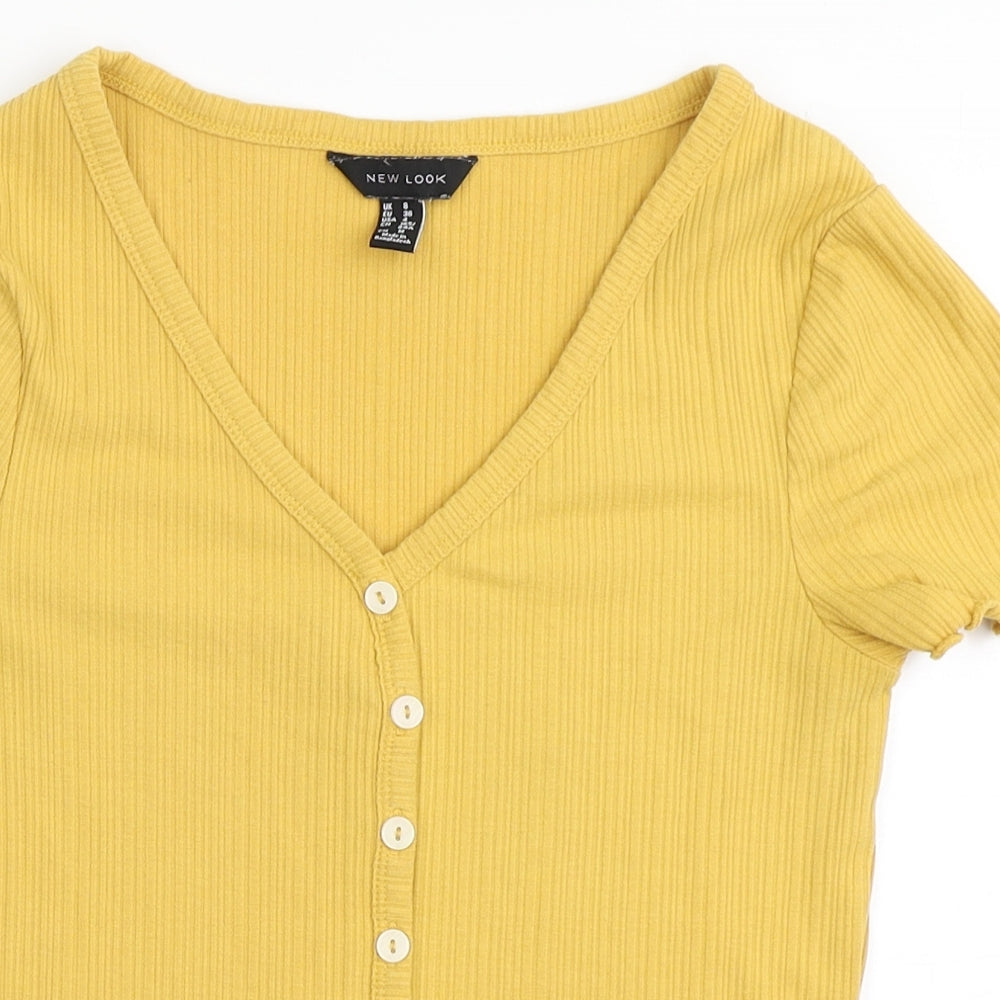 New Look Womens Yellow  Polyester Cropped T-Shirt Size 8 V-Neck