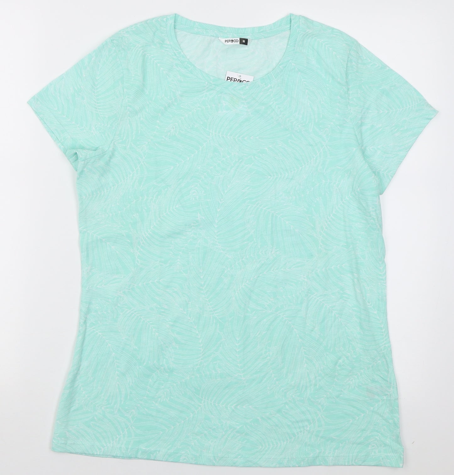 pep&co Womens Green Geometric Cotton Basic T-Shirt Size M Crew Neck
