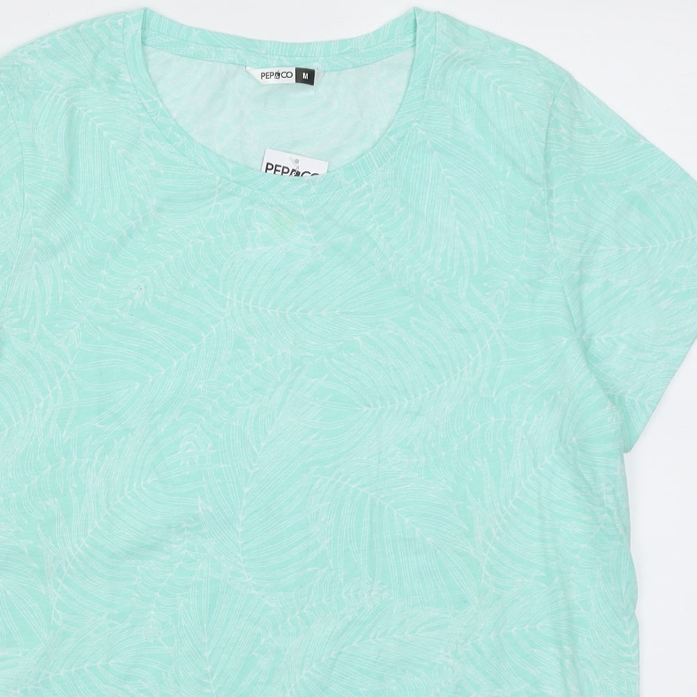 pep&co Womens Green Geometric Cotton Basic T-Shirt Size M Crew Neck