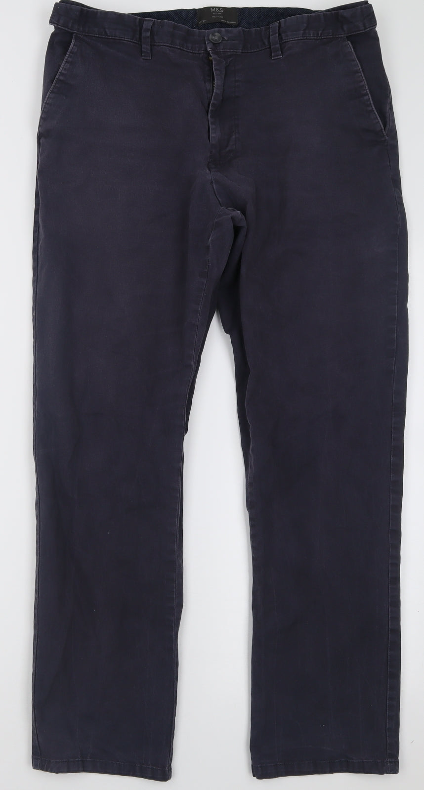 Marks and Spencer Mens Blue  Cotton Chino Trousers Size 36 L31 in Regular Button