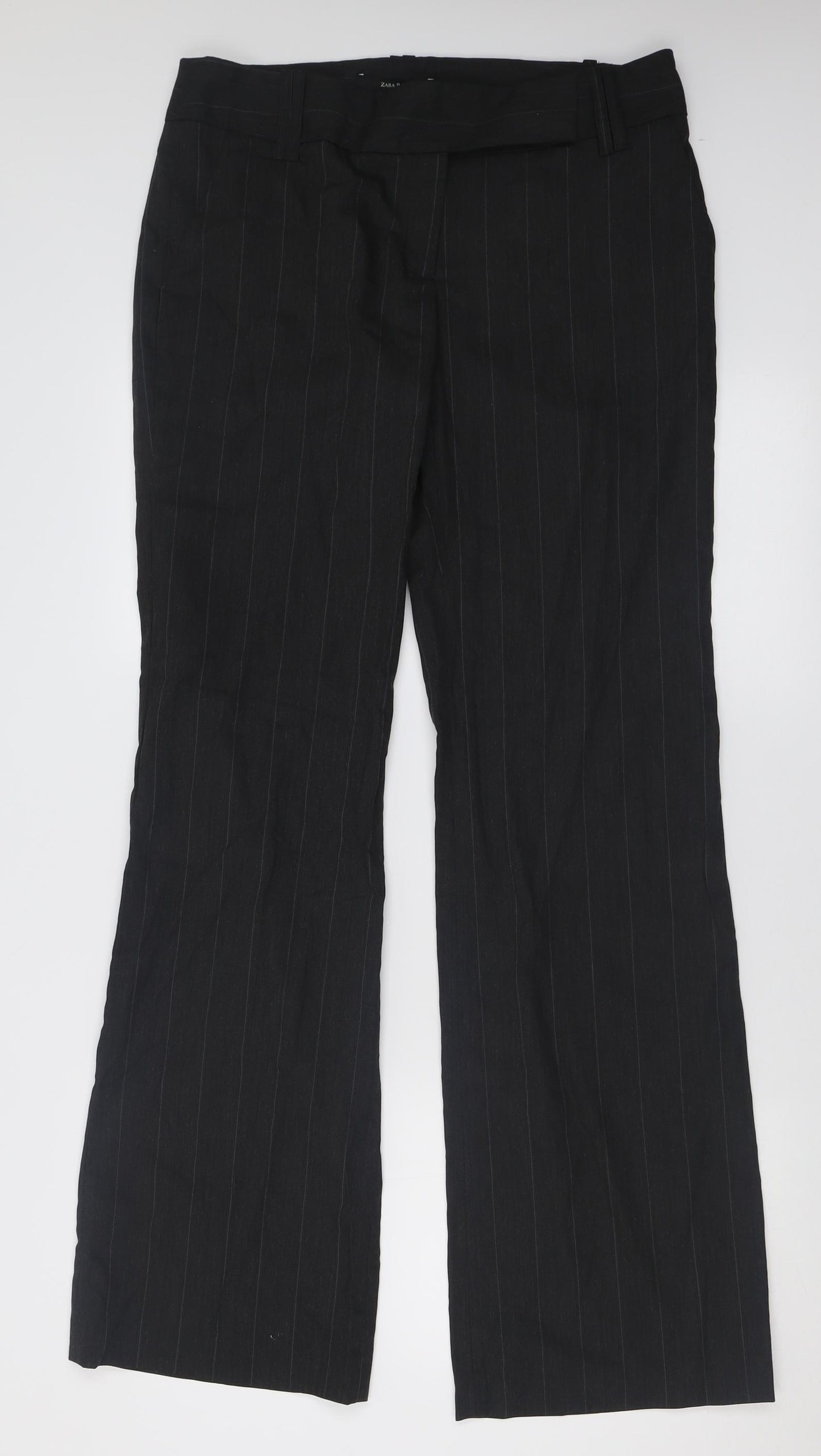 Zara Womens Grey Striped Polyester Trousers  Size 12 L33 in Regular Hook & Eye
