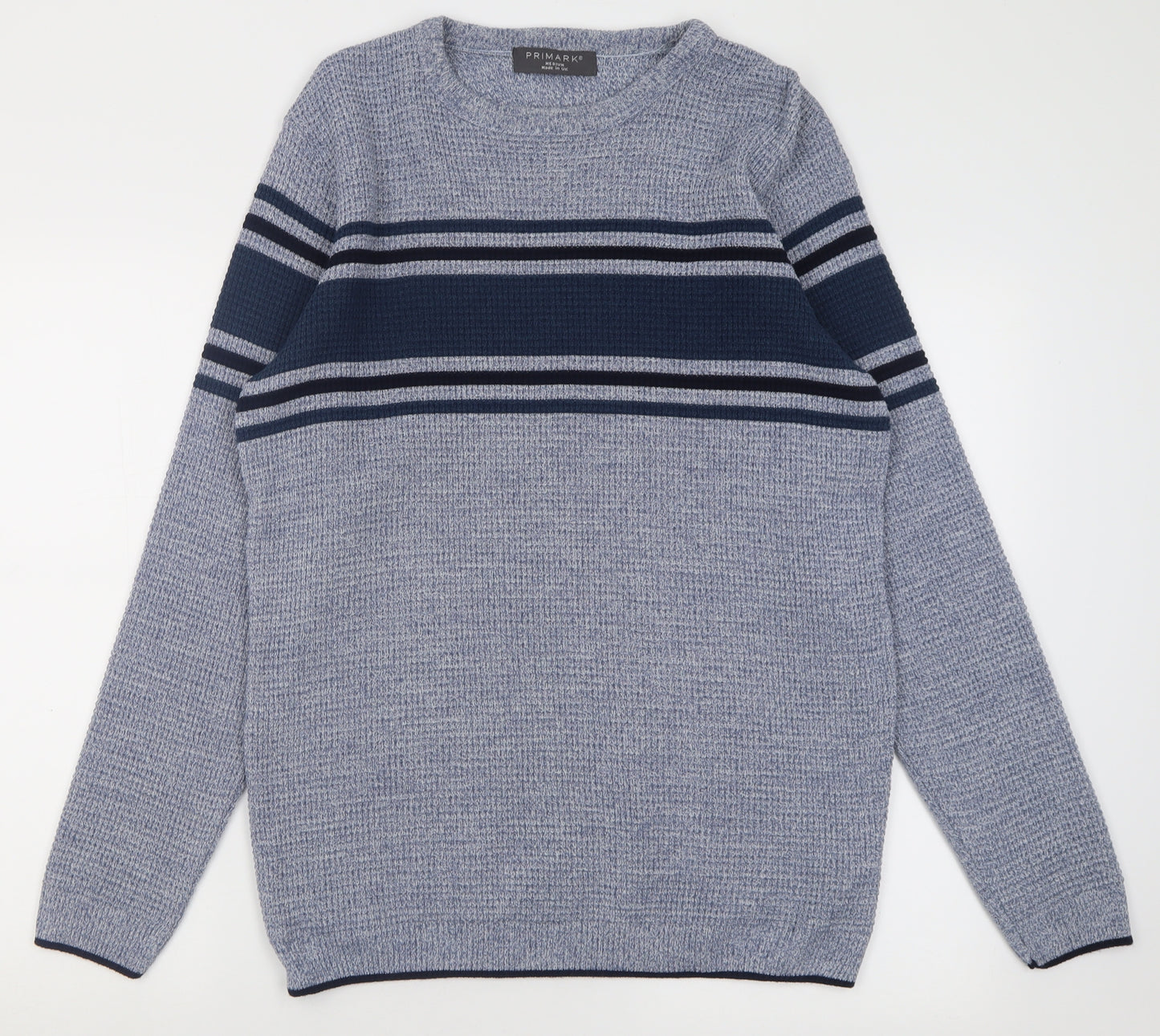 Primark Mens Blue Crew Neck Striped Acrylic Pullover Jumper Size M