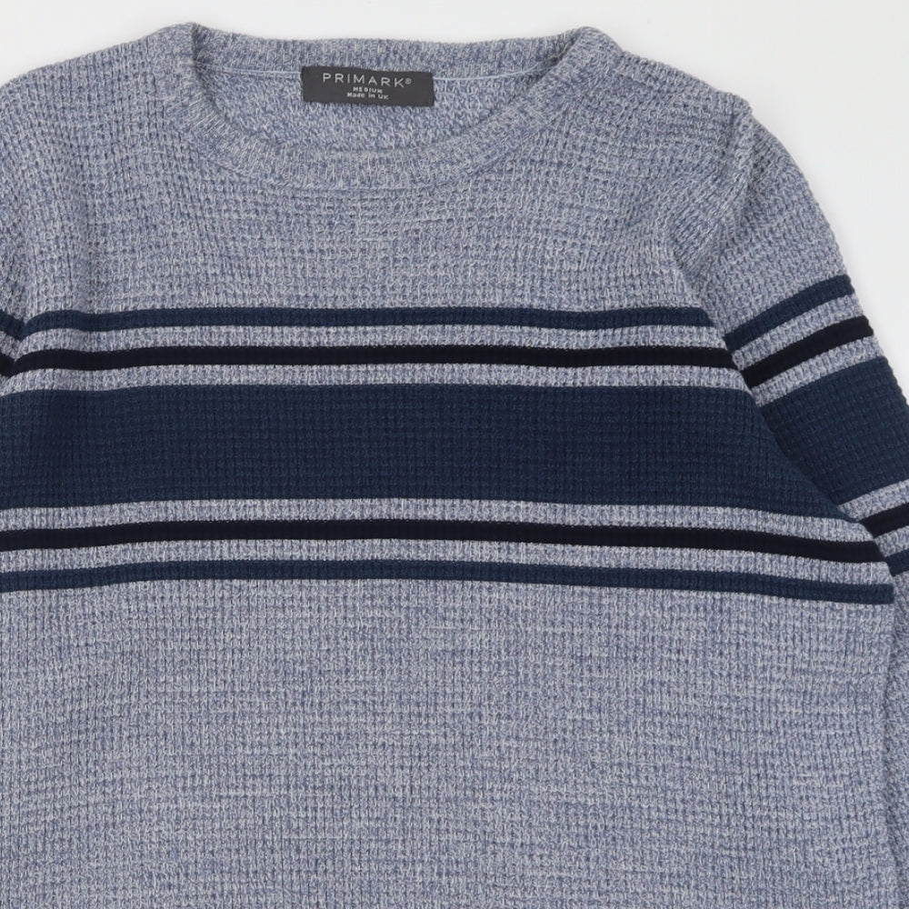 Primark Mens Blue Crew Neck Striped Acrylic Pullover Jumper Size M