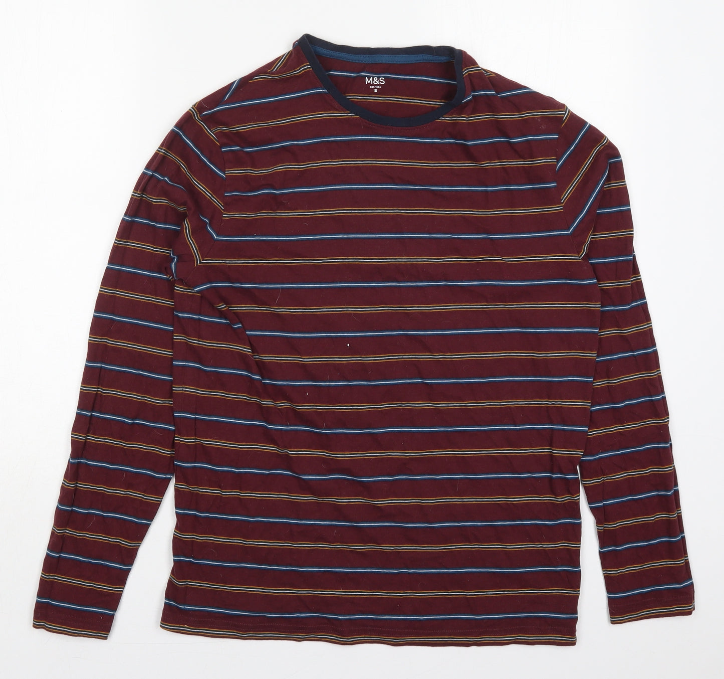 Marks and Spencer Mens Red Striped Cotton  T-Shirt Size S Crew Neck