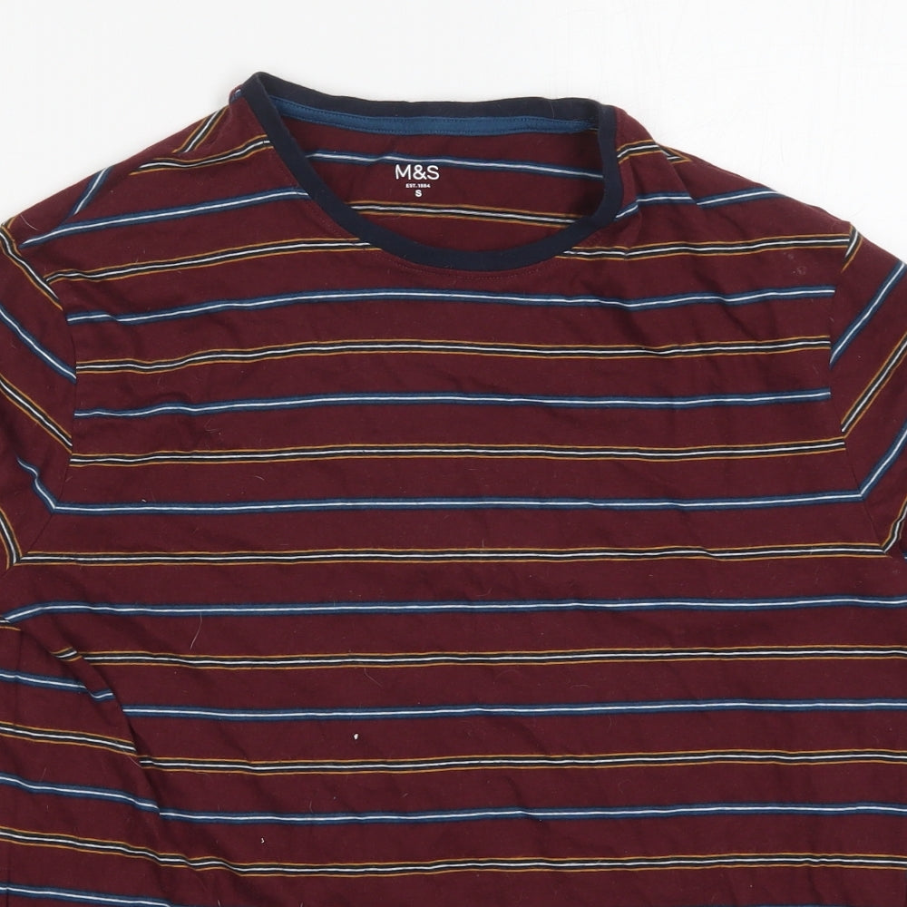 Marks and Spencer Mens Red Striped Cotton  T-Shirt Size S Crew Neck