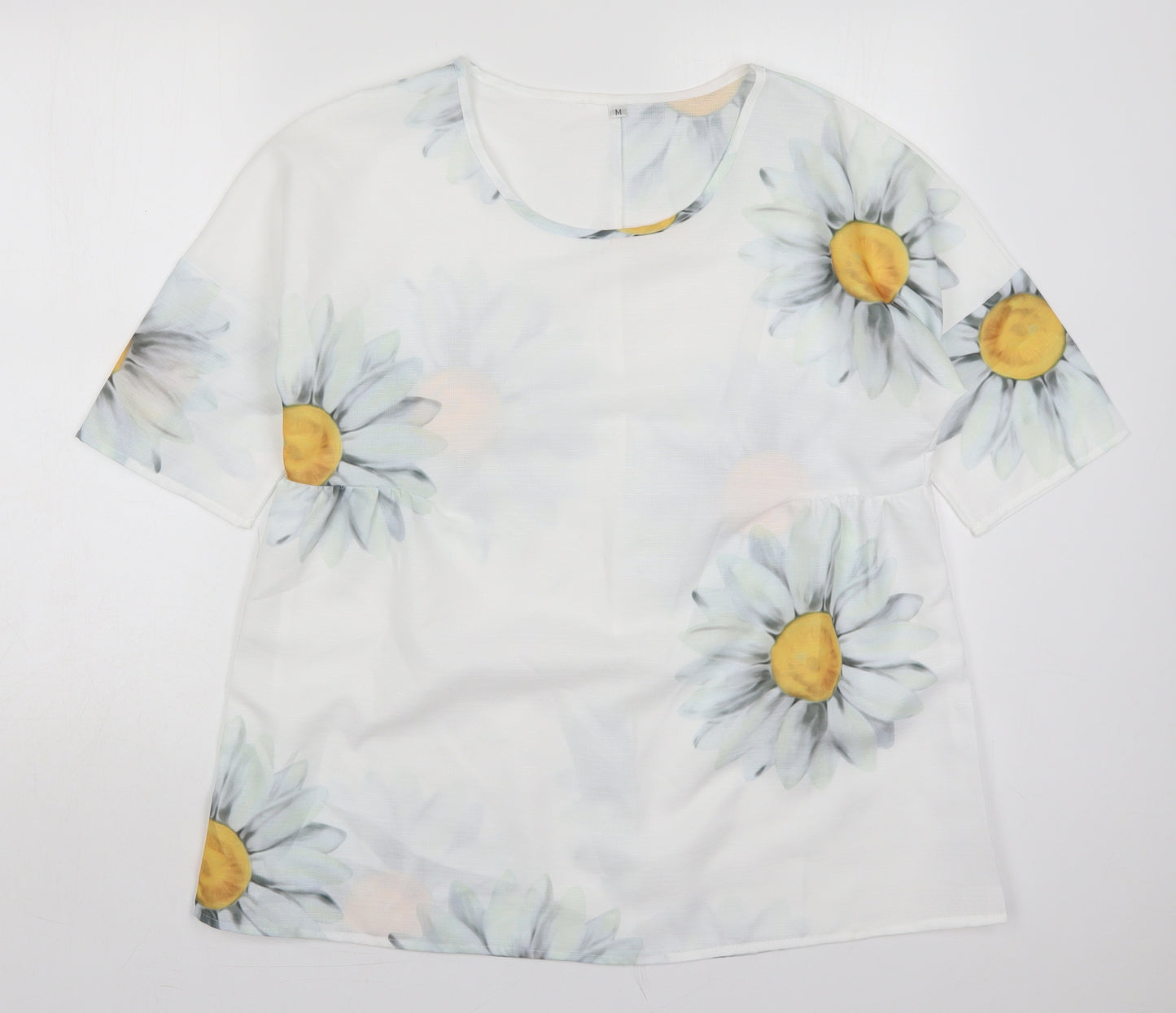 Preworn Womens White Floral Linen Basic T-Shirt Size M Round Neck