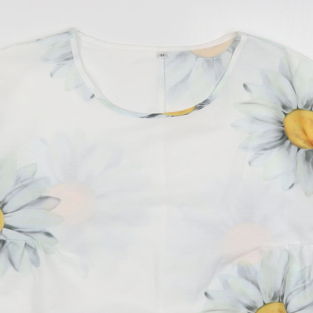 Preworn Womens White Floral Linen Basic T-Shirt Size M Round Neck