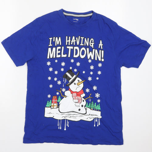 Dunnes Mens Blue  Cotton  T-Shirt Size M Crew Neck  - Snowman i'm Having a Meltdown