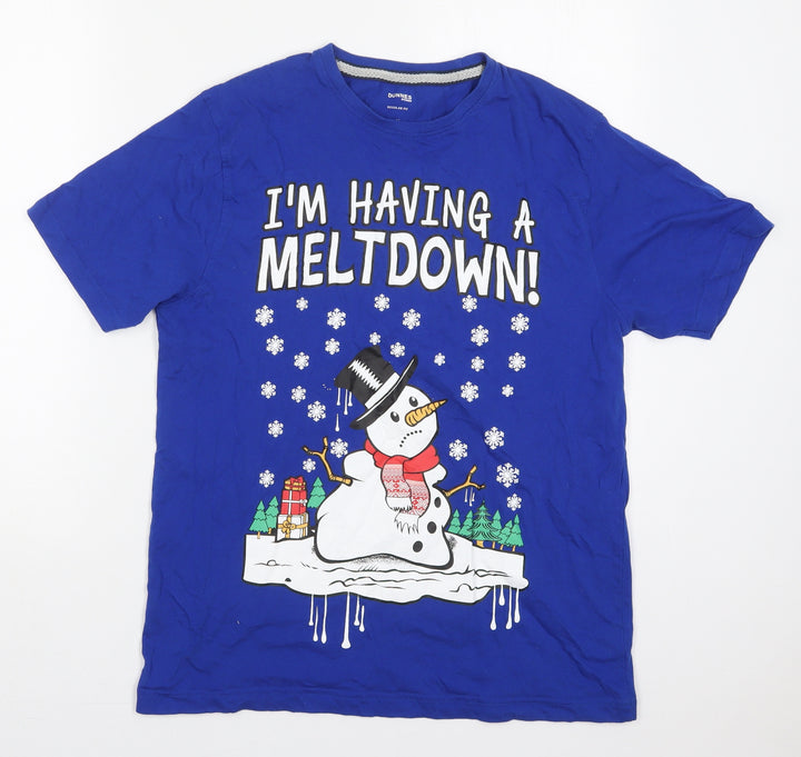 Dunnes Mens Blue Cotton T-Shirt Size M Crew Neck - Snowman i'm Having a Meltdown