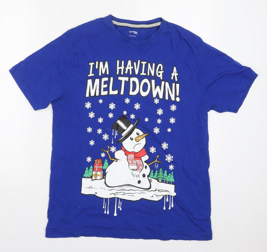 Front view of Dunnes men’s blue cotton t-shirt, size M, crew neck - snowman i'm having a meltdown