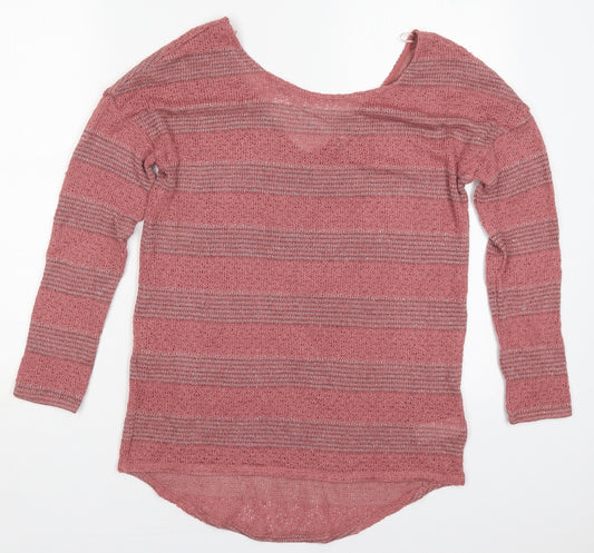 Front view of Next women’s pink round neck striped viscose jumper, size UK 8