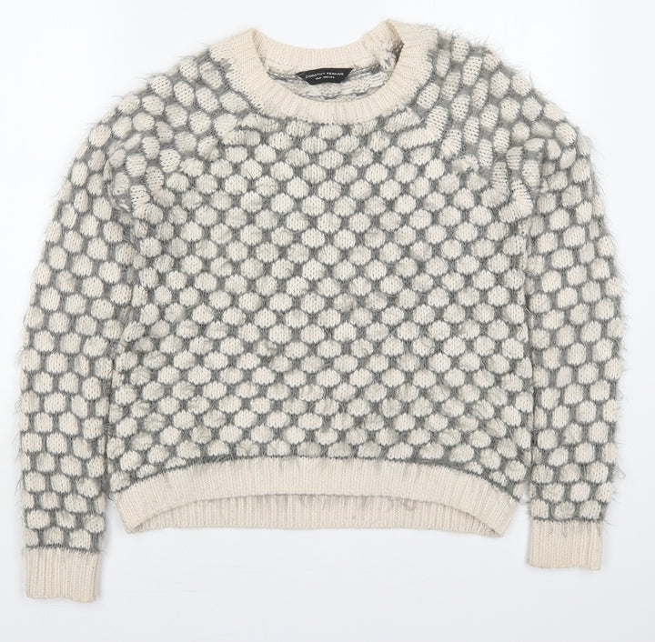 Dorothy Perkins Womens Beige Round Neck Polka Dot Acrylic Pullover Jumper Size 10 - Grey