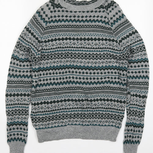 Topman Mens Grey Round Neck Fair Isle Acrylic Pullover Jumper Size S