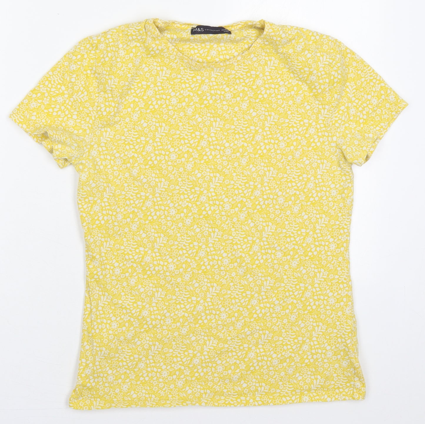 Marks and Spencer Womens Yellow Floral Cotton Basic T-Shirt Size 12 Crew Neck