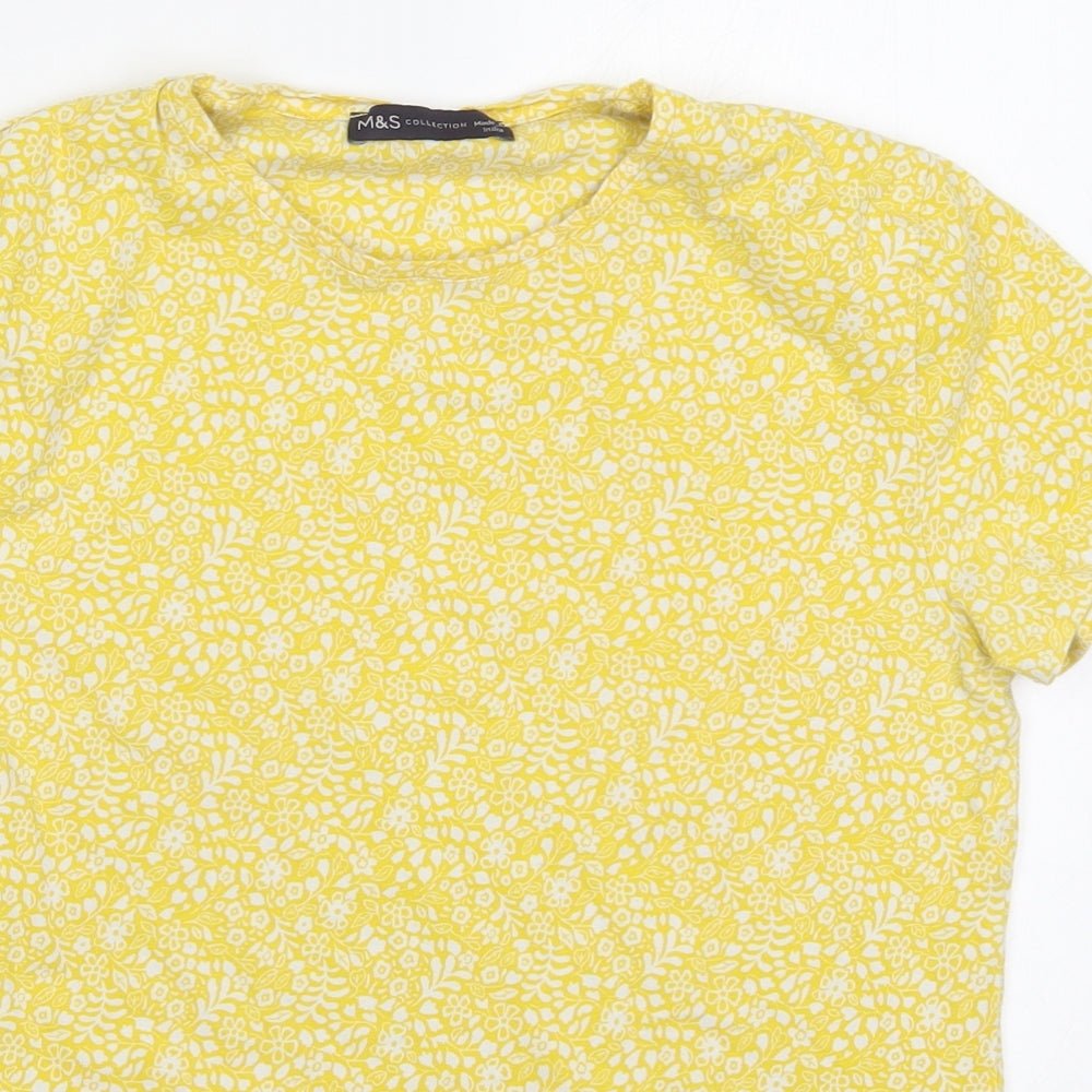 Marks and Spencer Womens Yellow Floral Cotton Basic T-Shirt Size 12 Crew Neck