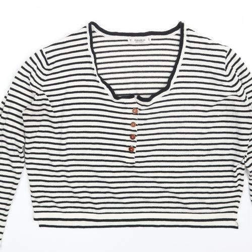 Pull&Bear Womens White Scoop Neck Striped Acrylic Pullover Jumper Size S   - Cropped
