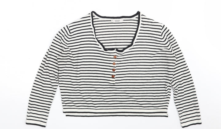 Pull&Bear Womens White Scoop Neck Striped Acrylic Pullover Jumper Size S - Cropped