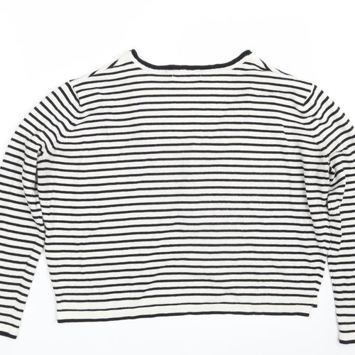 Pull&Bear Womens White Scoop Neck Striped Acrylic Pullover Jumper Size S   - Cropped