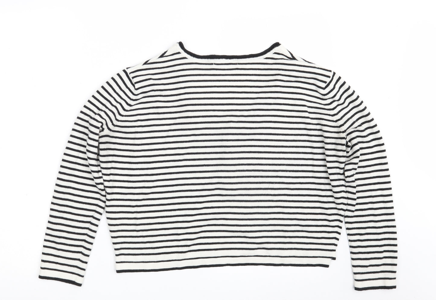 Pull&Bear Womens White Scoop Neck Striped Acrylic Pullover Jumper Size S   - Cropped