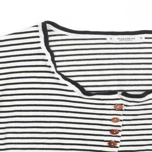 Pull&Bear Womens White Scoop Neck Striped Acrylic Pullover Jumper Size S   - Cropped