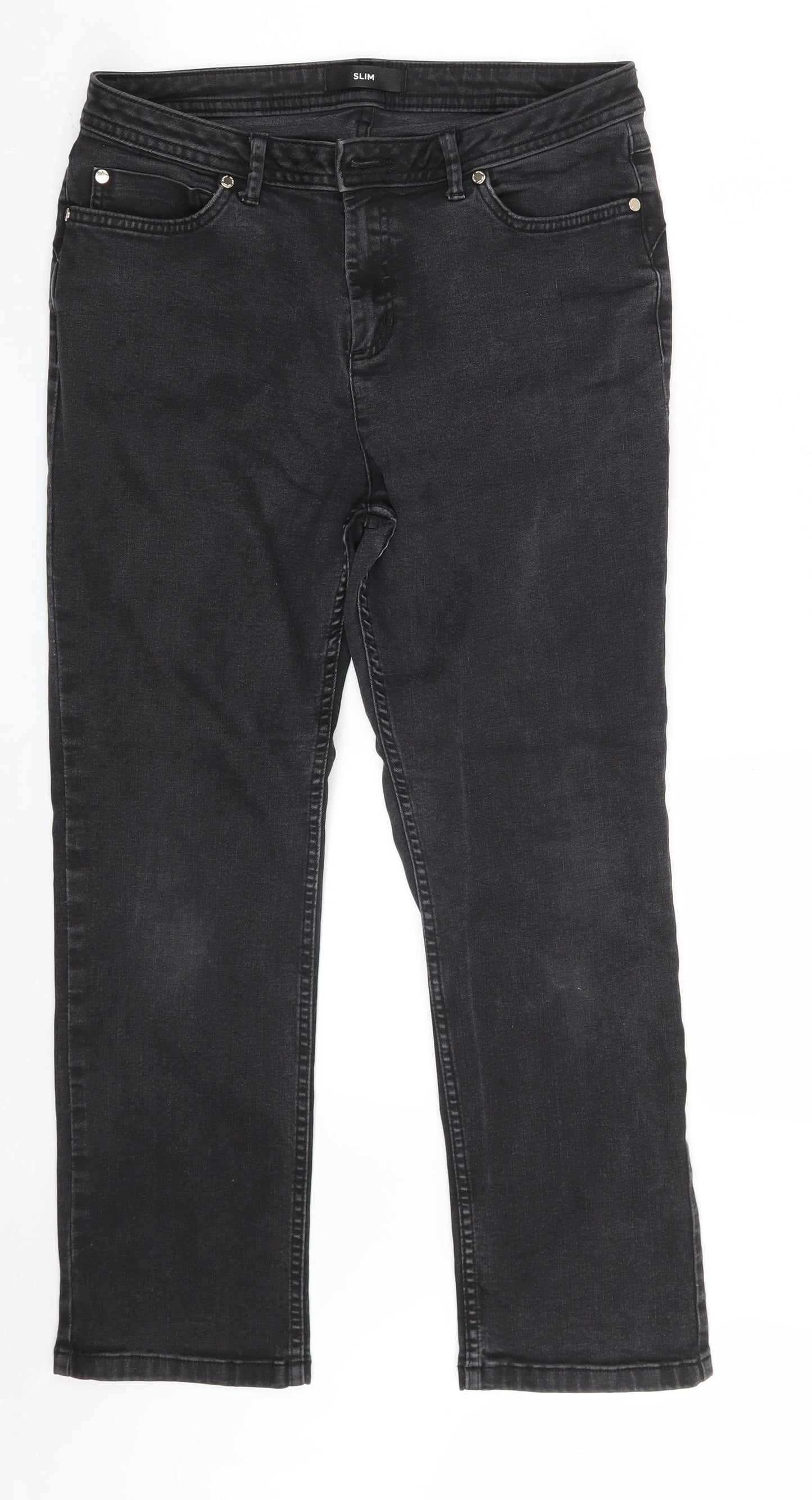 Marks and Spencer Womens Black  Cotton Straight Jeans Size 14 L25 in Slim Zip
