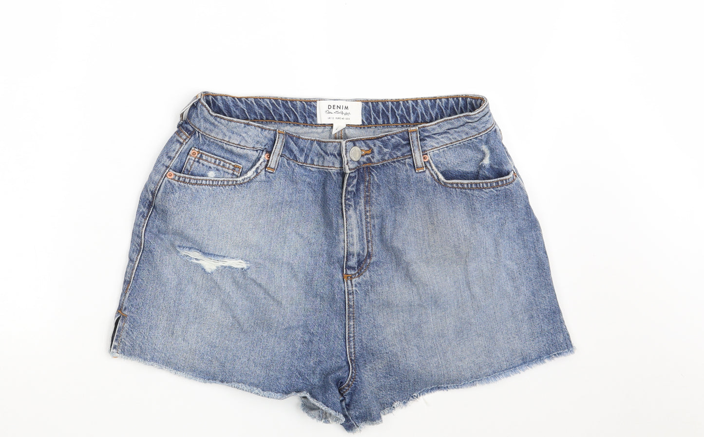 Miss Selfridge Womens Blue  Cotton Hot Pants Shorts Size 12  Slim Zip - Distressed