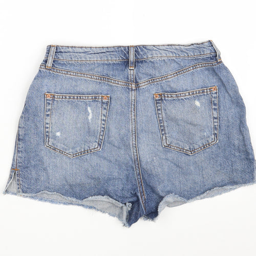 Miss Selfridge Womens Blue  Cotton Hot Pants Shorts Size 12  Slim Zip - Distressed