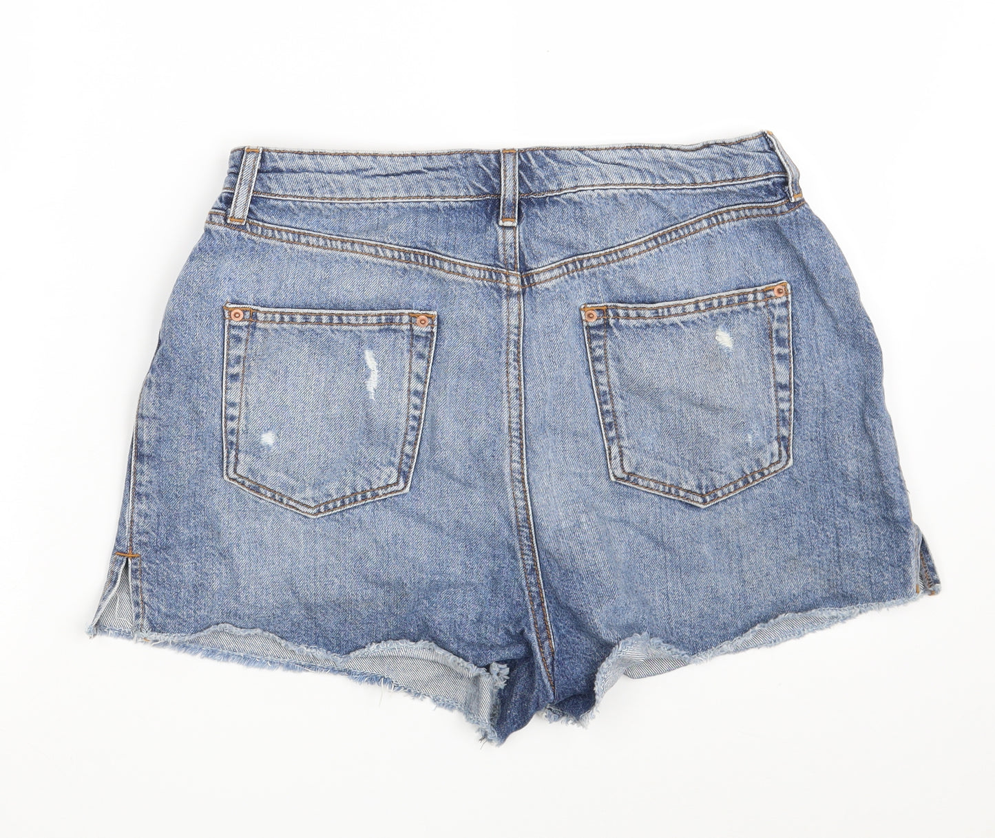 Miss Selfridge Womens Blue  Cotton Hot Pants Shorts Size 12  Slim Zip - Distressed