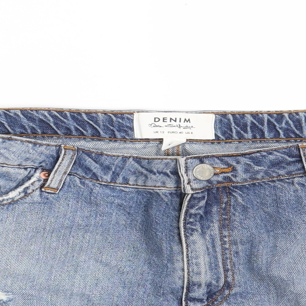 Miss Selfridge Womens Blue  Cotton Hot Pants Shorts Size 12  Slim Zip - Distressed