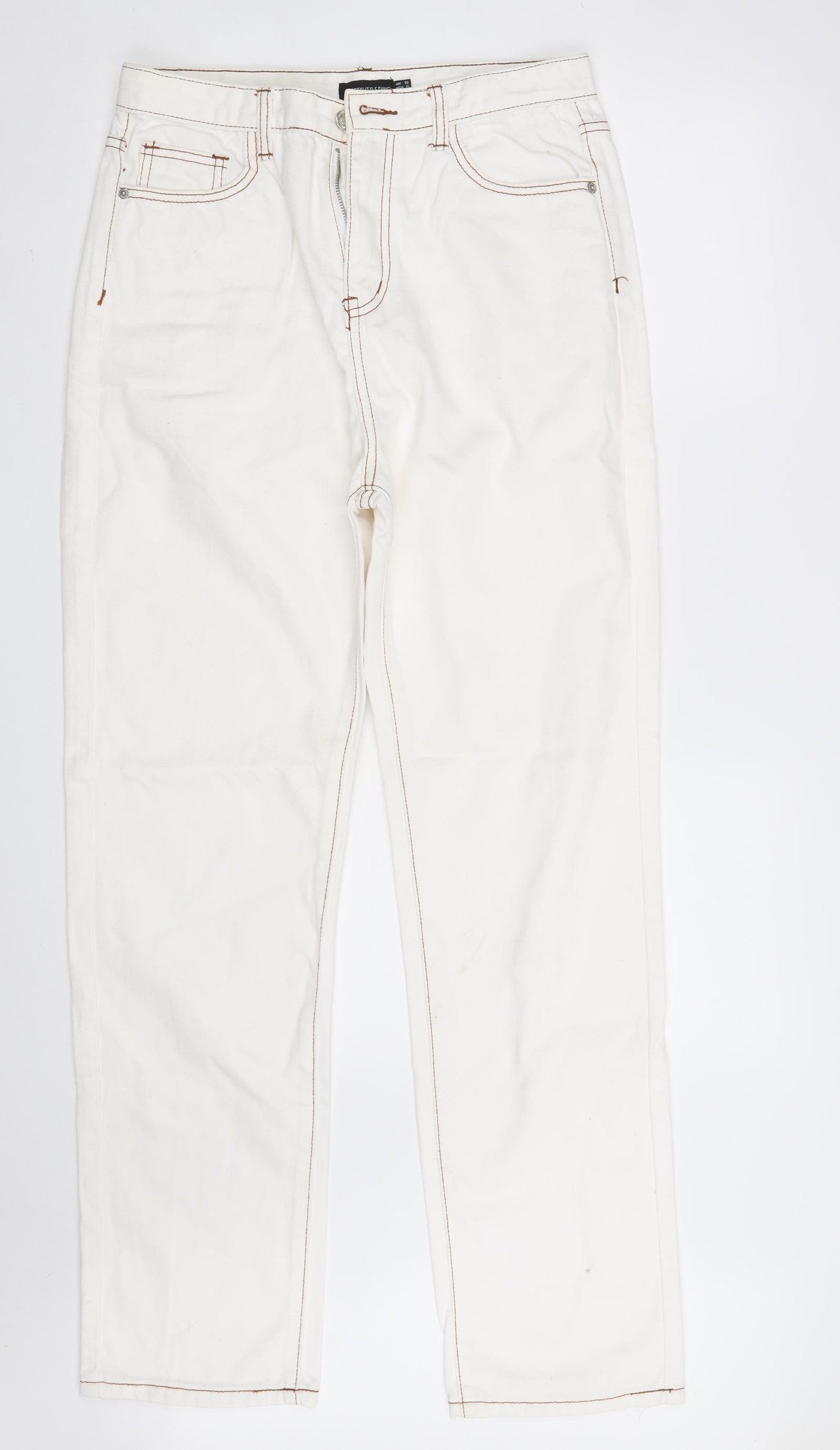 PRETTYLITTLETHING Womens White  Cotton Straight Jeans Size 12 L31 in Regular Zip