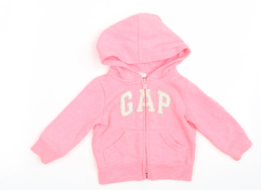 Front view of Gap girls’ pink cotton jumper, size 6-9, months zip