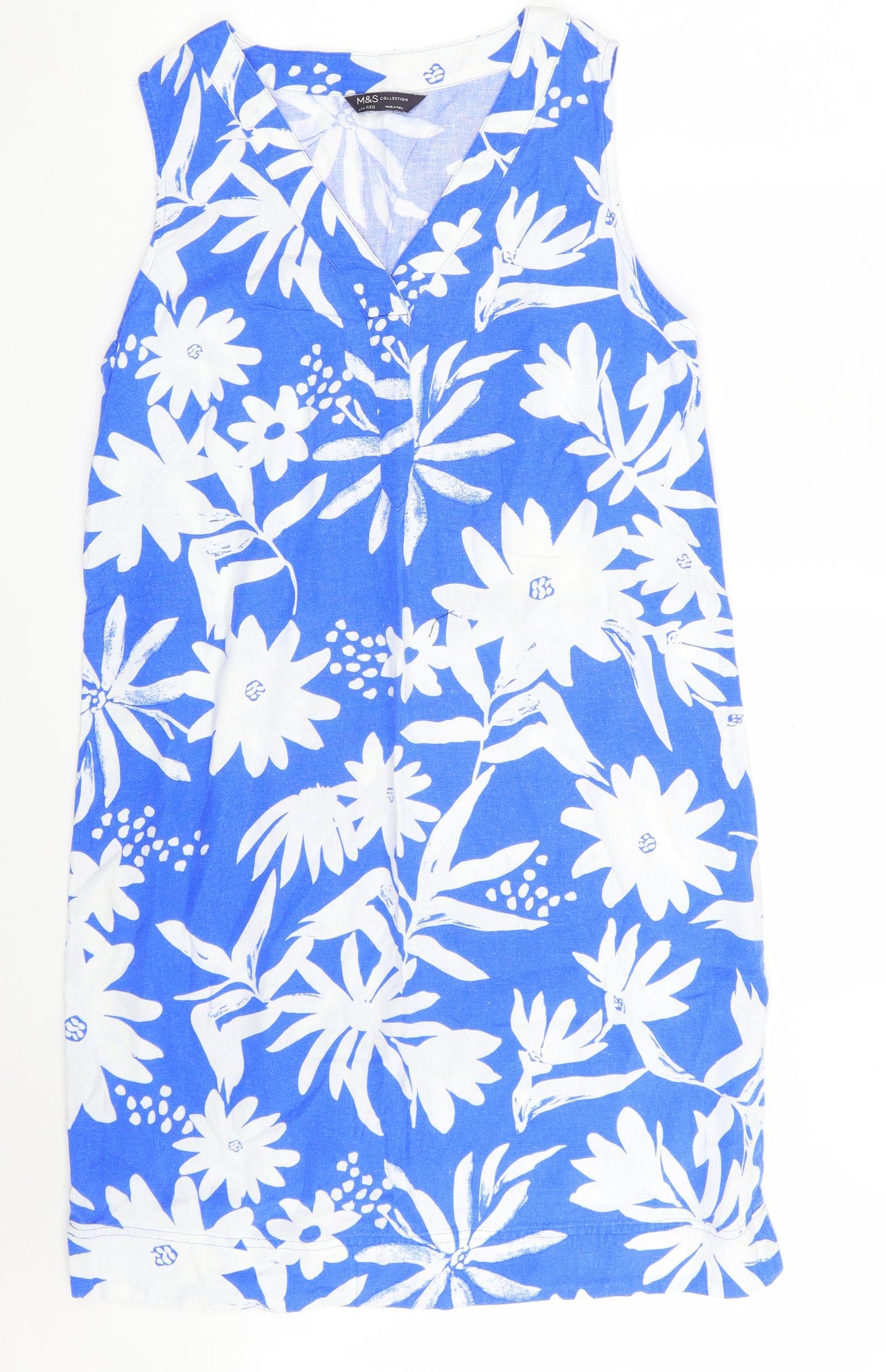 Marks and Spencer Womens Blue Floral Linen A-Line  Size 10  V-Neck