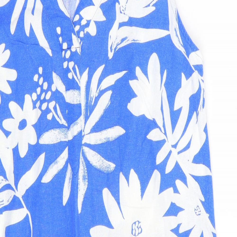 Marks and Spencer Womens Blue Floral Linen A-Line  Size 10  V-Neck