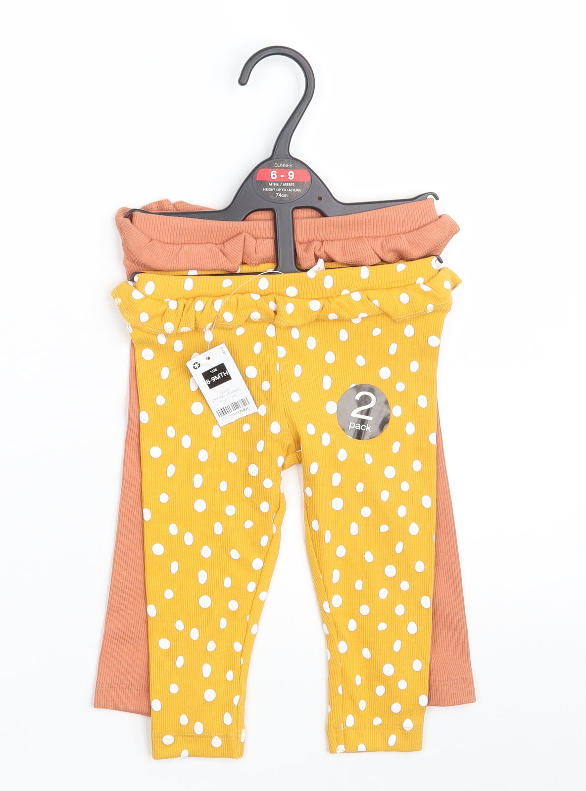 Dunnes Stores Girls Yellow Polka Dot Cotton Jogger Leggings Size 6-9 Months   - Two Piece RIB Legging