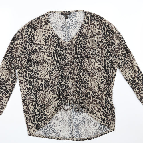 QED London Womens Brown V-Neck Animal Print Polyester Pullover Jumper Size M   - Size M/L