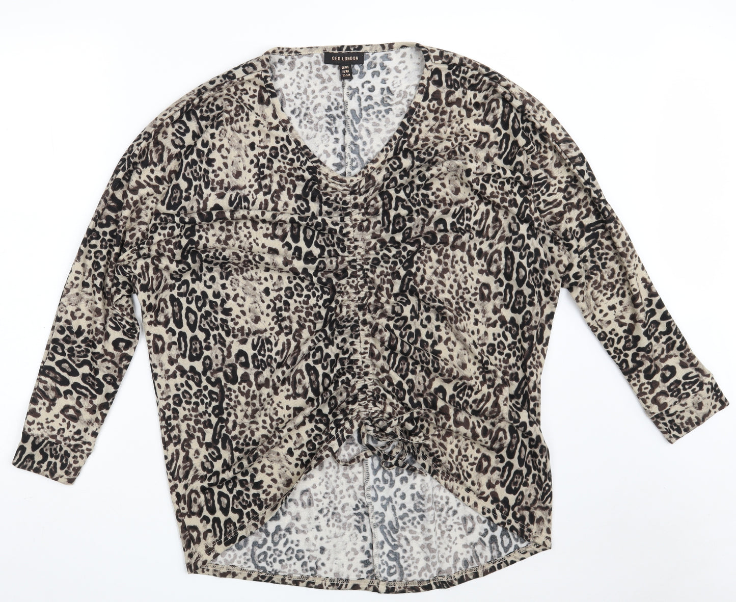 QED London Womens Brown V-Neck Animal Print Polyester Pullover Jumper Size M   - Size M/L