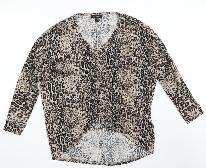 QED London Womens Brown V-Neck Animal Print Polyester Pullover Jumper Size M   - Size M/L