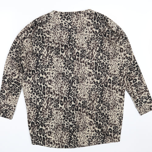 QED London Womens Brown V-Neck Animal Print Polyester Pullover Jumper Size M   - Size M/L