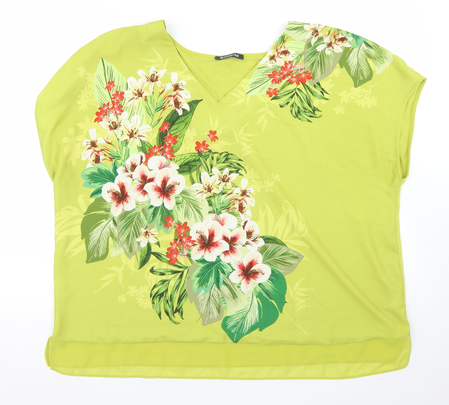 Bonmarché Womens Green Floral Polyester Basic Blouse Size 22 V-Neck