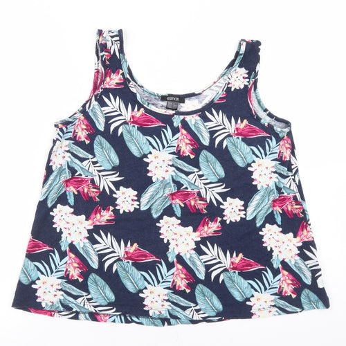 ESMARA Womens Blue Floral Linen Basic Tank Size M Round Neck