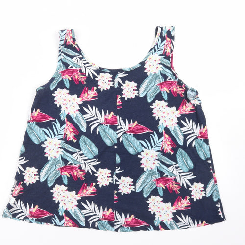 ESMARA Womens Blue Floral Linen Basic Tank Size M Round Neck