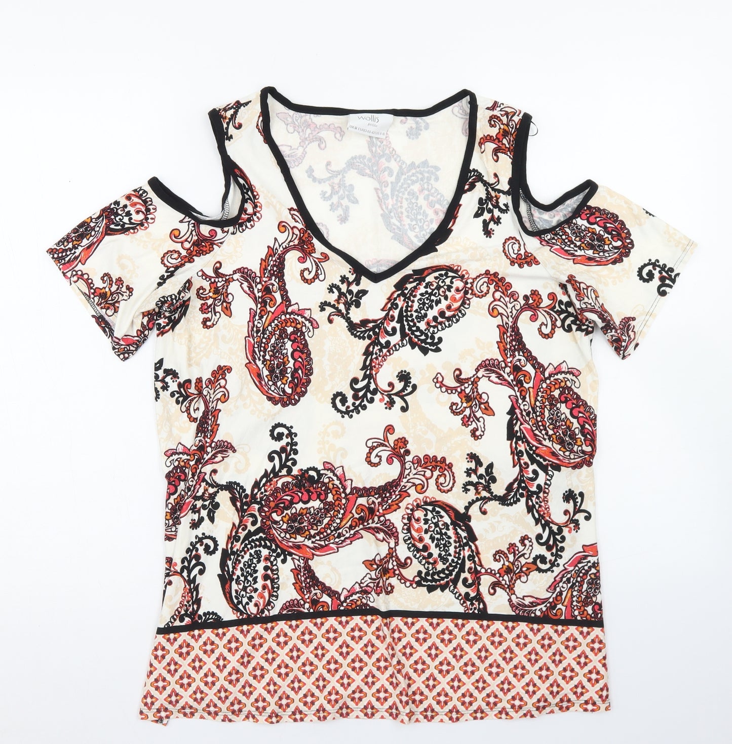 Wallis Womens Beige Paisley Viscose Basic Blouse Size M V-Neck - Cold Shoulder