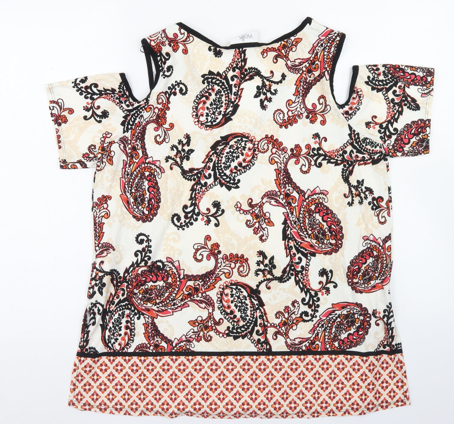 Wallis Womens Beige Paisley Viscose Basic Blouse Size M V-Neck - Cold Shoulder