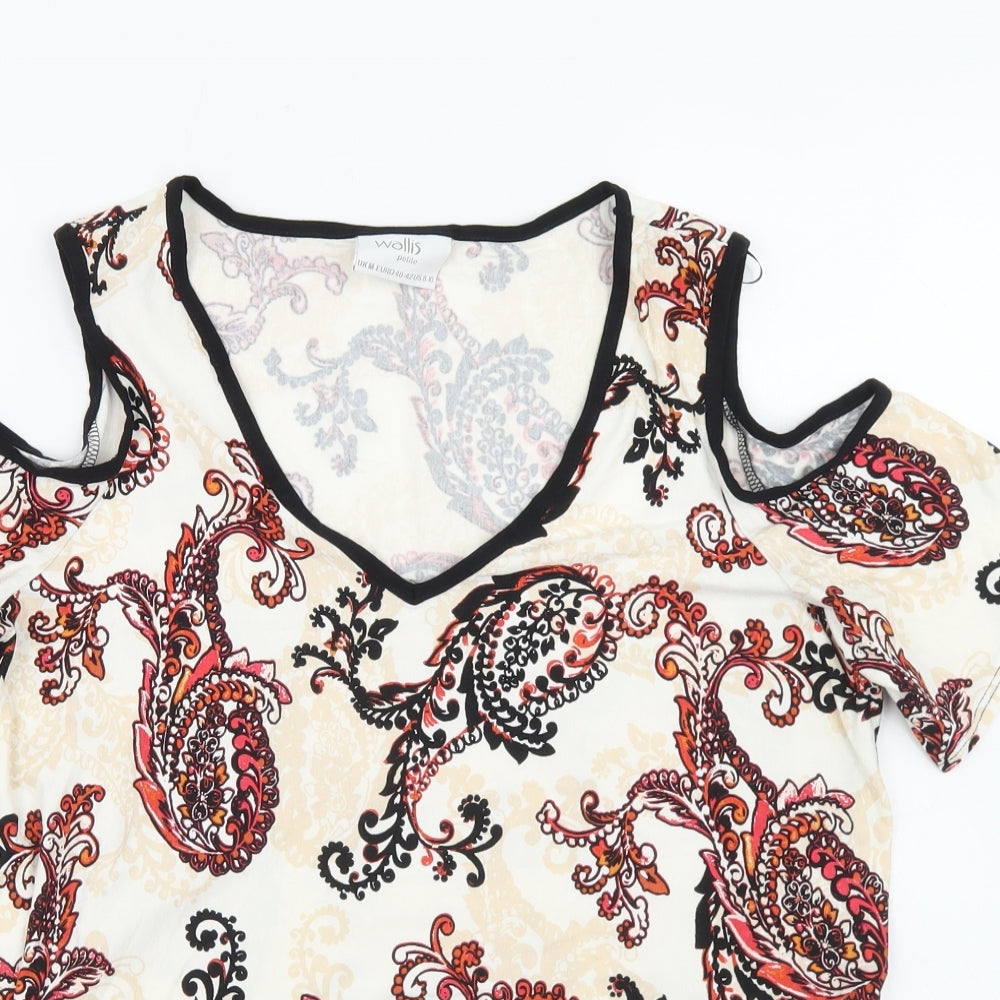 Wallis Womens Beige Paisley Viscose Basic Blouse Size M V-Neck - Cold Shoulder
