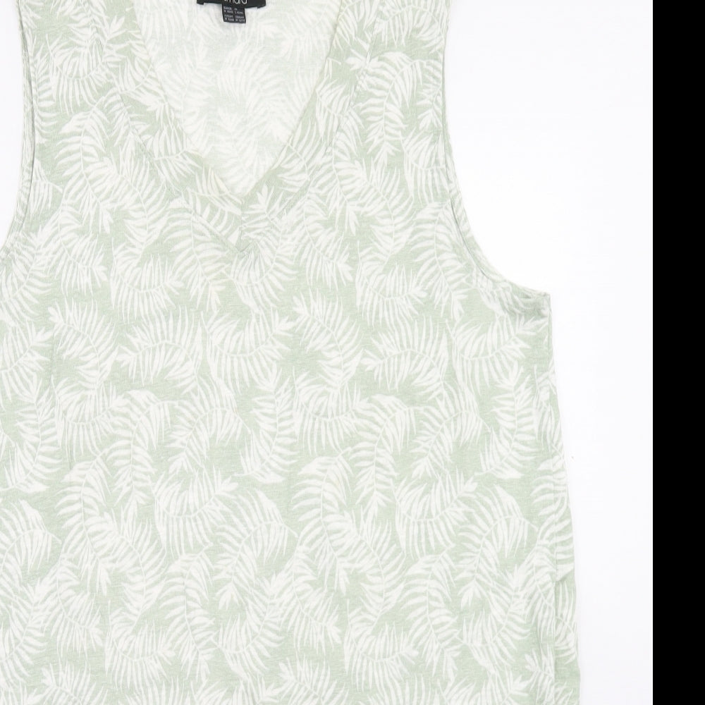 ESMARA Womens Green Floral Linen Basic T-Shirt Size M V-Neck
