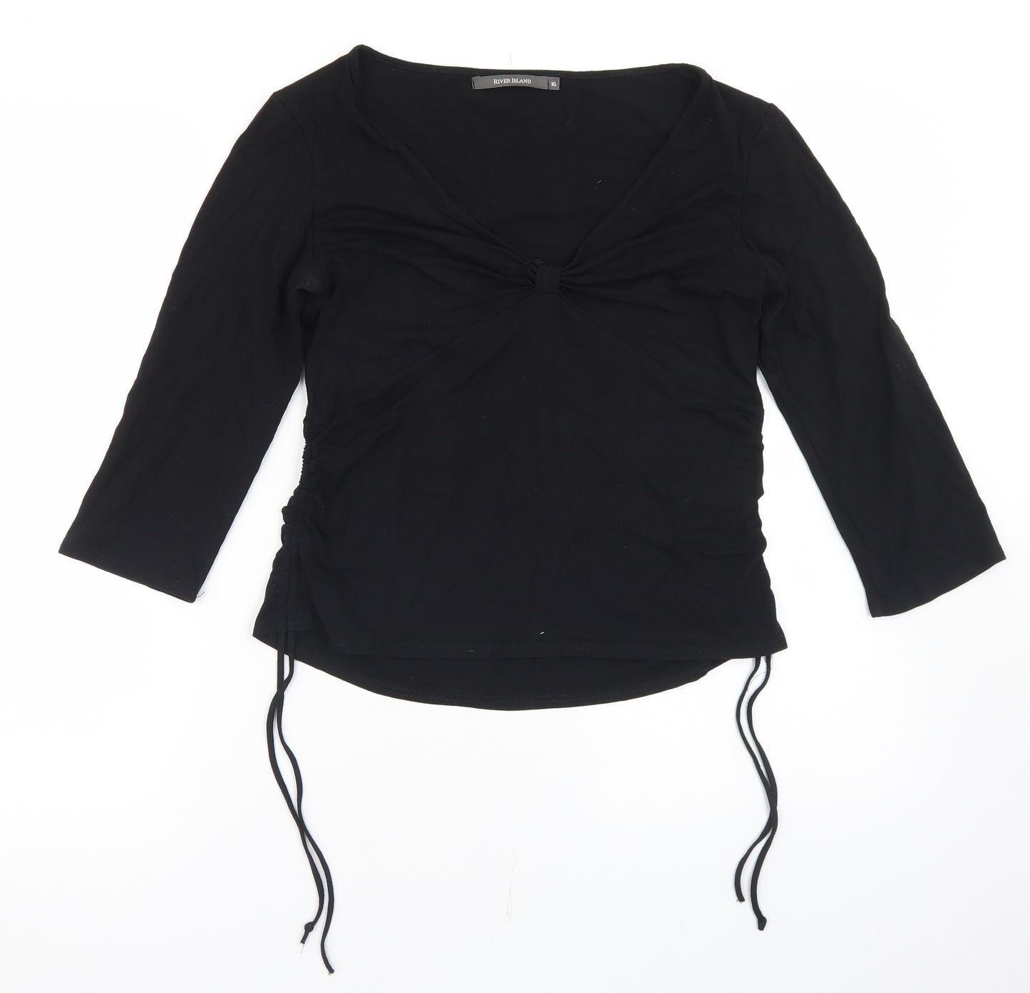 River Island Womens Black  Viscose Basic T-Shirt Size 16 V-Neck - Ruched