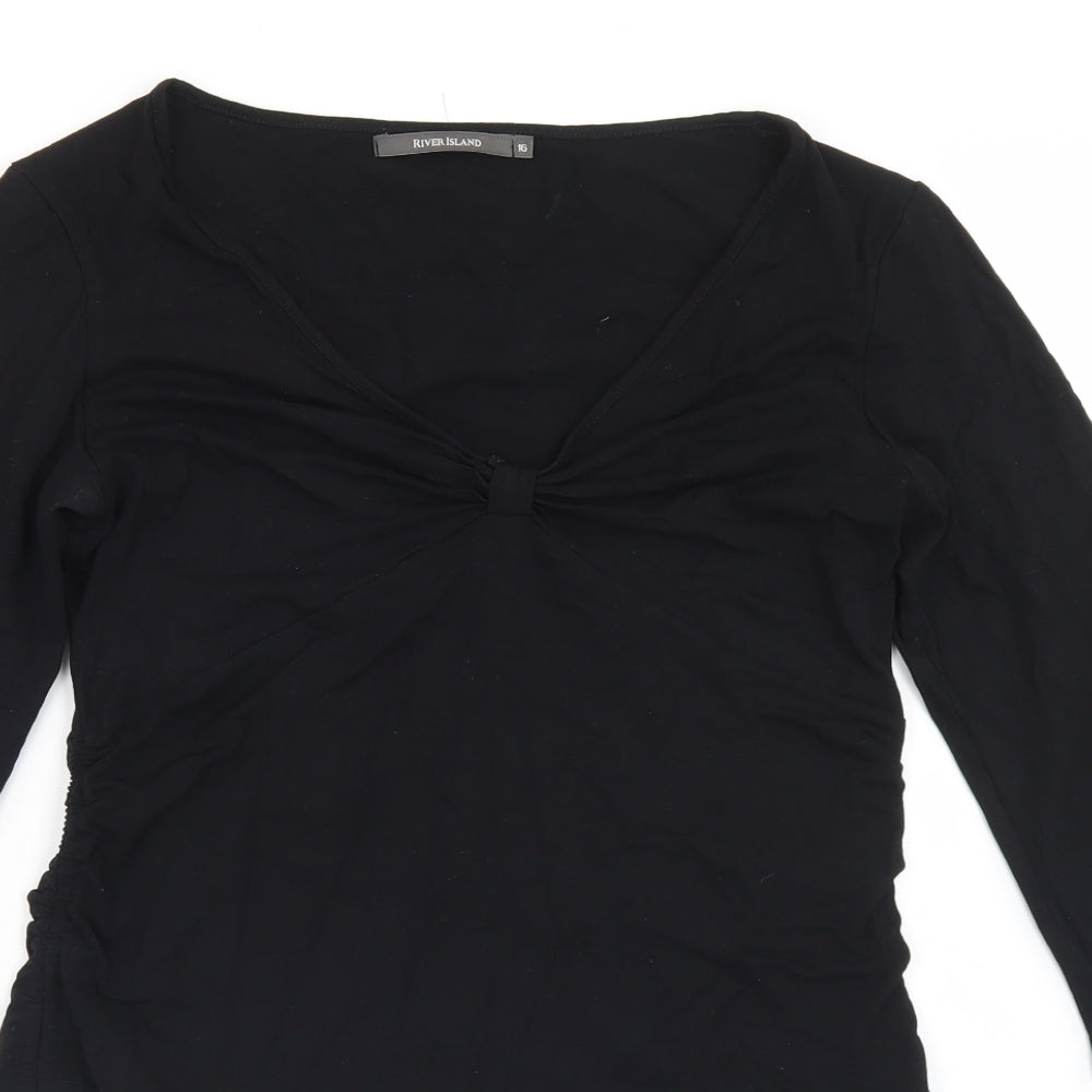 River Island Womens Black  Viscose Basic T-Shirt Size 16 V-Neck - Ruched